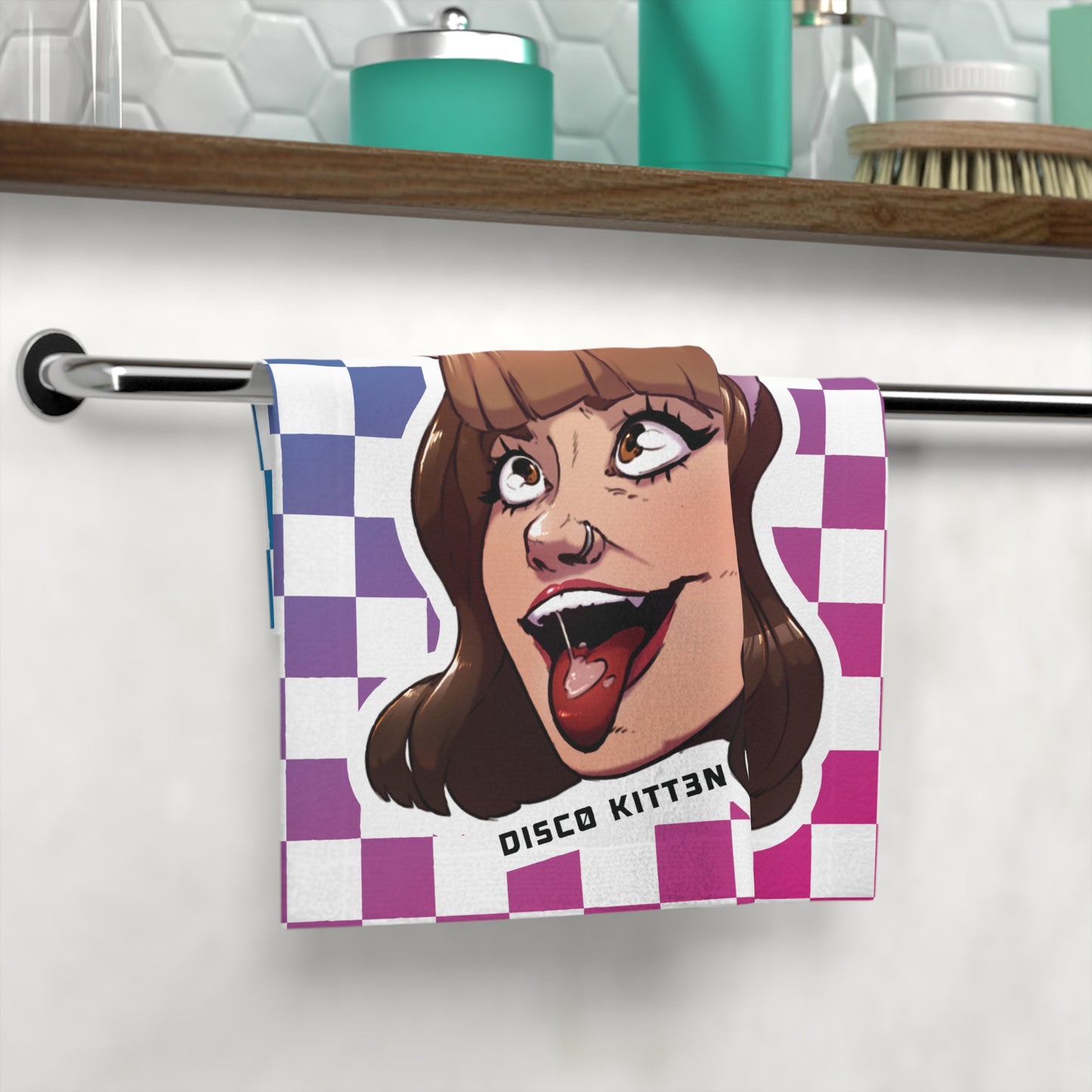 Disco Kitten Checkered Face Towel
